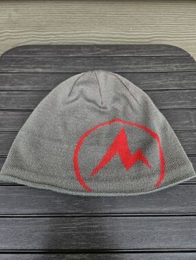 Marmot Summit Beanie Gray Red Logo Hat Cap Fleece Band GUC